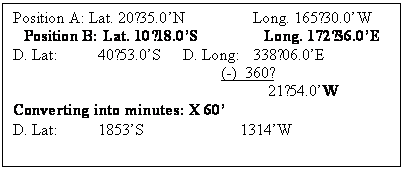 Text Box: Position A: Lat. 20˚35.0’N		Long. 165˚30.0’W
Position B: Lat. 10˚18.0’S		Long. 172˚36.0’E
D. Lat:	40˚53.0’S	D. Long:	338˚06.0’E
			(-)  360˚
			21˚54.0’W
Converting into minutes: X 60’
D. Lat: 	1853’S		1314’W
